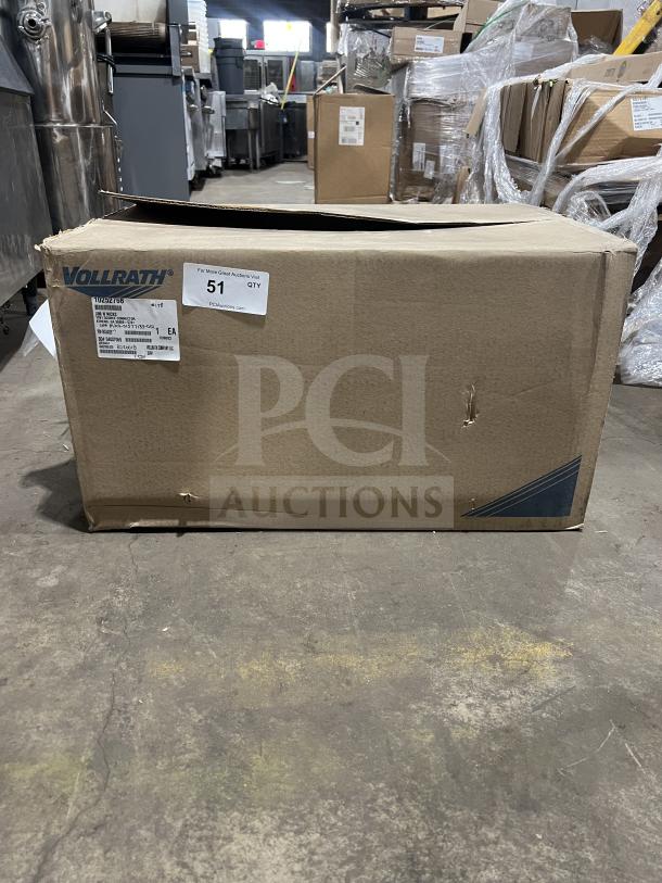 Vollrath stainless steel cold food well in box, model 36491, new condition, serial number M319-01577133-001 visible.