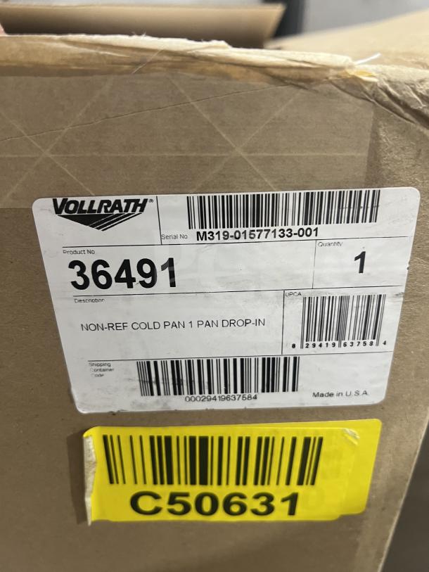 Brand new Vollrath Model 36491 ice-cooled cold food well in box, serial M319-01577133-001, made in USA.