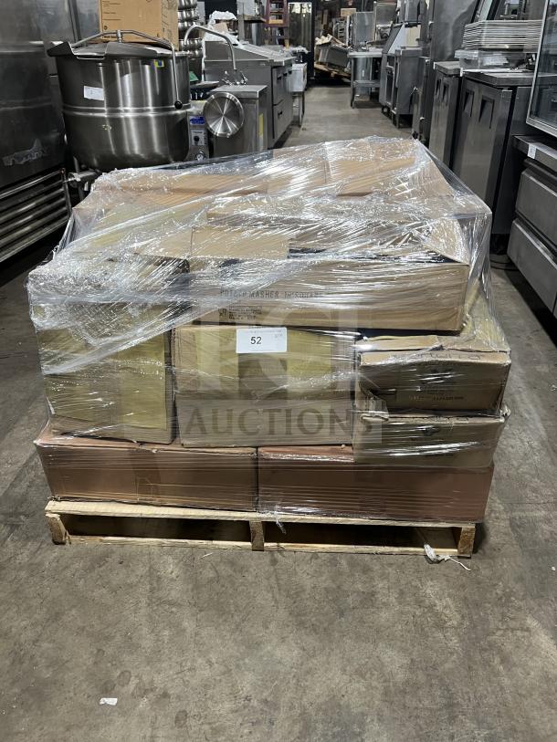 Mixed pallet with new commercial aluminum glass rack dollys, model WA22HUGGERDOLLY, wrapped in plastic with various items.