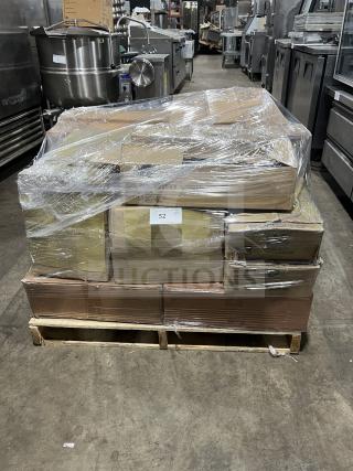 Mixed pallet with new commercial aluminum glass rack dollys, model WA22HUGGERDOLLY, wrapped in plastic with various items.