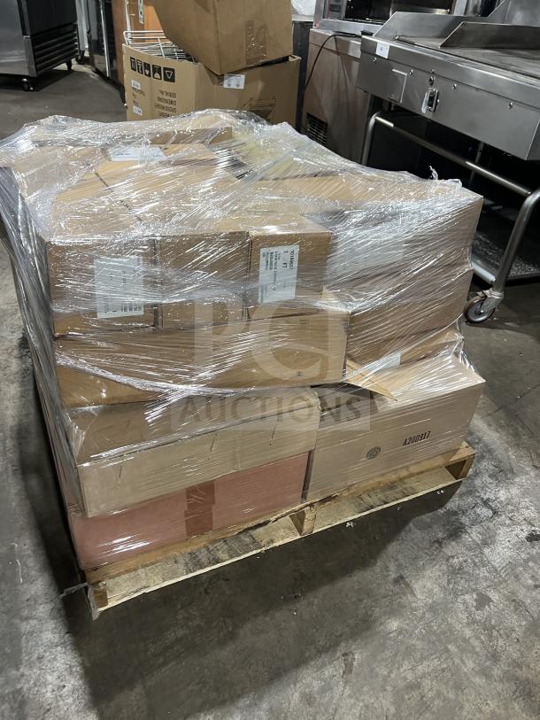 Mixed pallet with sealed boxes containing commercial aluminum glass rack dollys, wall brackets, potato mashers, model WA22HUGGERDOLLY.