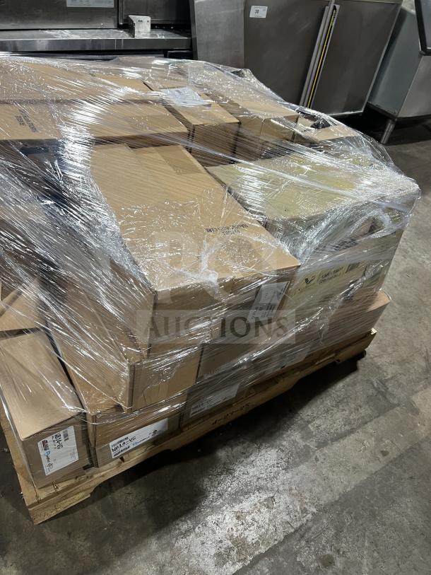 Mixed pallet with commercial aluminum glass rack dollys (Model: WA22HUGGERDOLLY), 14" wall brackets (Model: V621169), and 18" potato mashers, brand new in packaging.