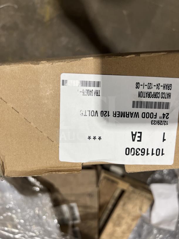 Hatco GRAH-24-120-I-QS infrared food warmer box. New, stainless steel, high wattage model. Labels show model and voltage.