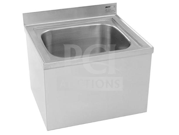 Brand new Eagle model F1916 stainless steel floor-mounted mop sink, commercial use, with visible label indicating specs.