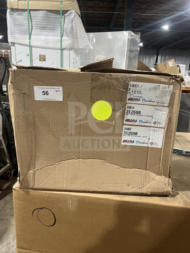 Brand new Eagle model F1916 mop sink in original box, stainless steel, floor-mounted. Box label with SN: 2302240999.