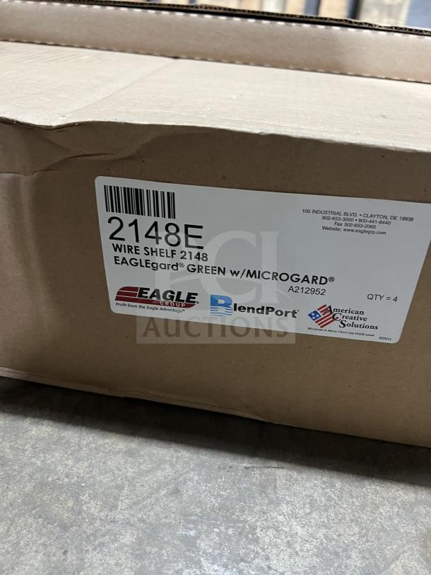 Brand new Eagle 2148E commercial green epoxy-coated wire shelf, in original box, labeled for durability and Microgard protection.