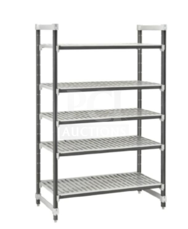 Brand new Cambro stainless steel 24" 5-tier stationary shelving unit, Model ESU247284V5580, on legs, in pristine condition.
