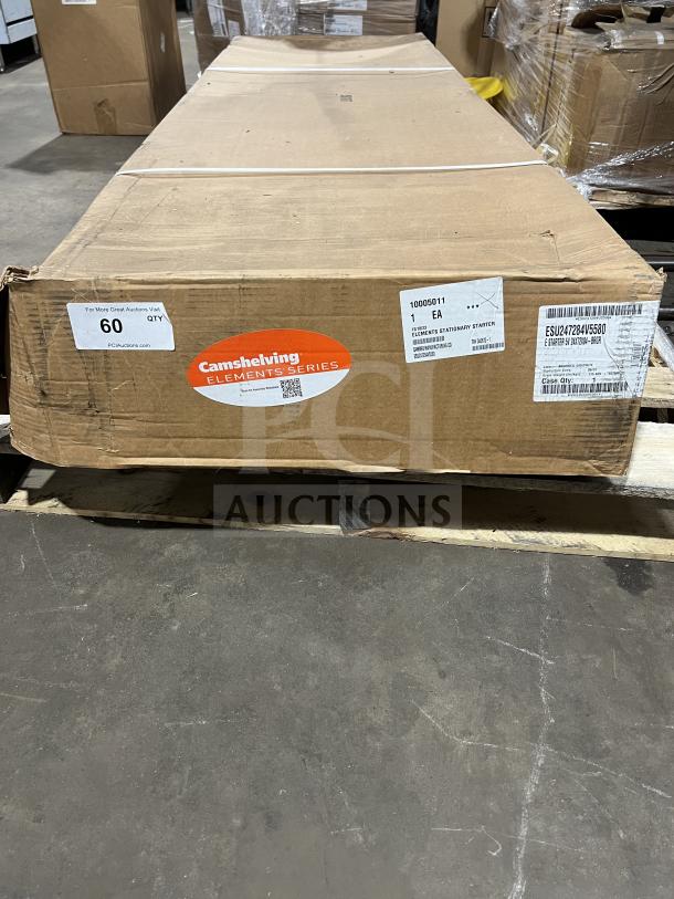 Brand new Cambro stainless steel 5-tier shelving unit, model ESU247284V5580. Box labeled with model and series info.