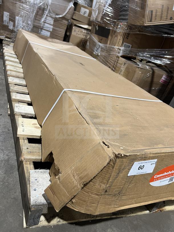 Brand new Cambro 24" 5-tier stainless steel shelving unit in box. Model ESU247284V5580, on legs, packaged on a pallet.