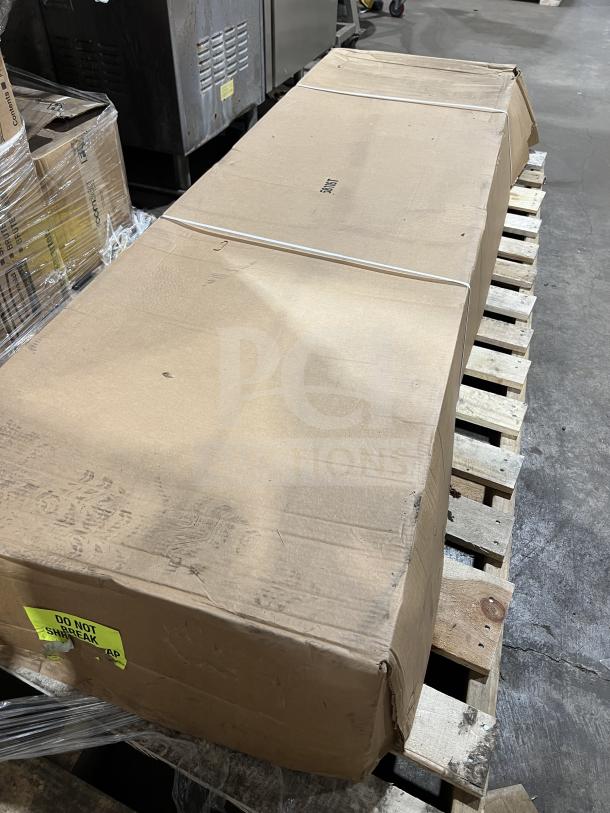 Boxed Cambro stainless steel 24" 5-tier stationary shelving unit, model ESU247284V5580, on pallet.