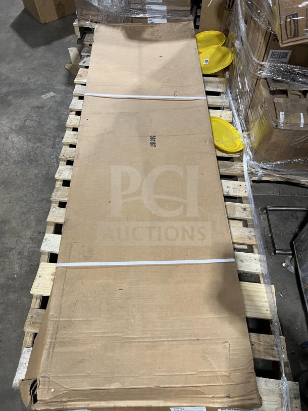 Brand new Cambro stainless steel 24" 5-tier shelving unit in original box. Model ESU247284V5580, on legs.