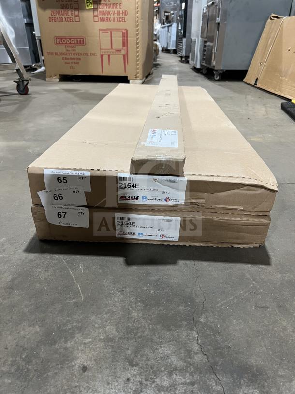 Brand new Eagle Commercial 21"x54" epoxy-coated wire shelf, model 2154E, in original packaging with labels visible.