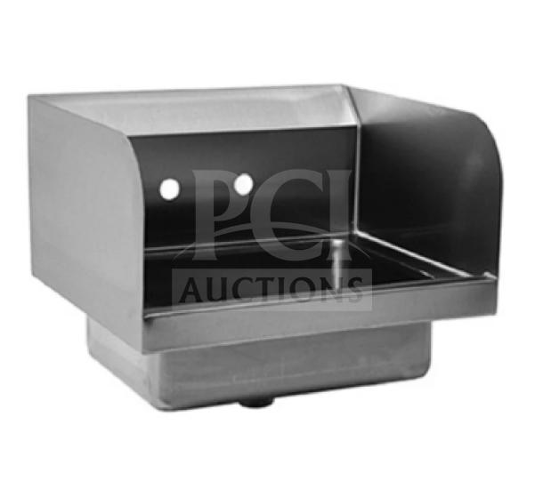 Eagle stainless steel wall-mount hand sink, model BPHS1014LRS, 14", with gooseneck faucet and side splash, new in box.