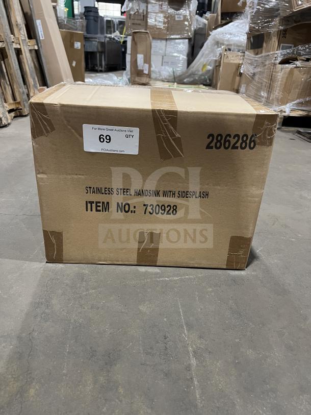 Brand new Eagle 14" stainless steel wall-mount hand sink in box, model BPHS-1014-LRS, includes gooseneck faucet and side splash.