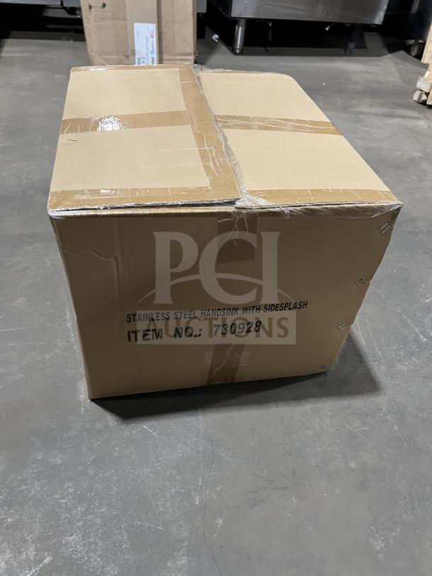 Brand new Eagle wall-mount hand sink in box; Model BPHS-1014-LRS, with gooseneck faucet and sidesplash.