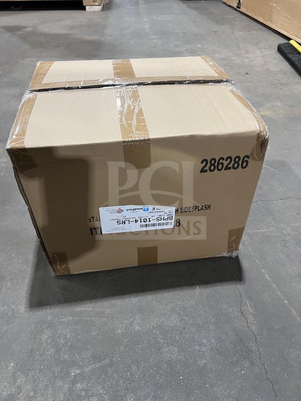 New Eagle BPHS1014LRS stainless steel wall-mount hand sink with gooseneck faucet, in box with side splash. Serial: 2208241497.