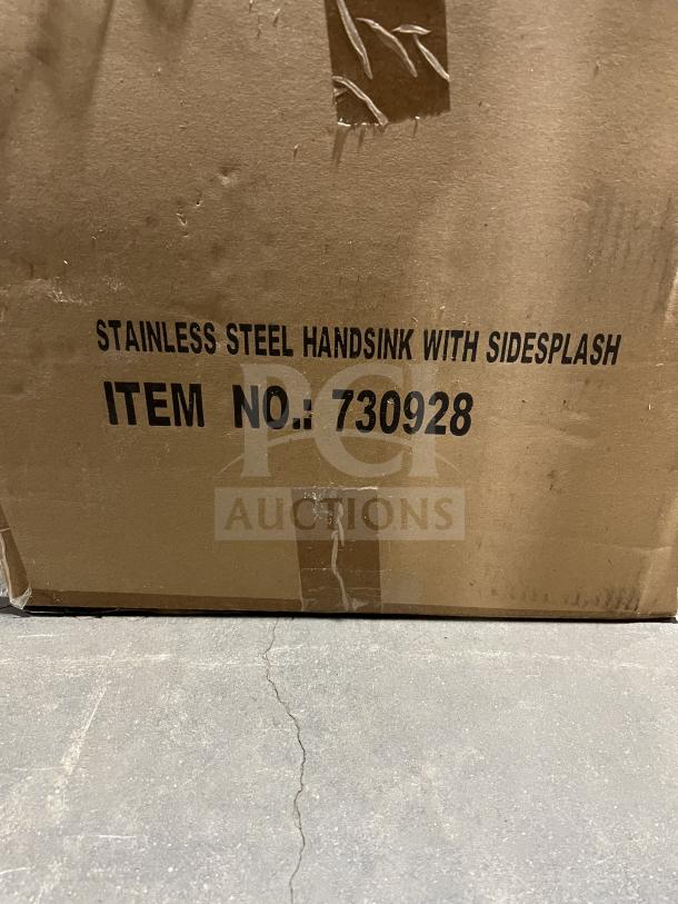 Eagle 14" stainless steel wall-mount hand sink in box, model BPHS1014LRS, with gooseneck faucet and side splash.