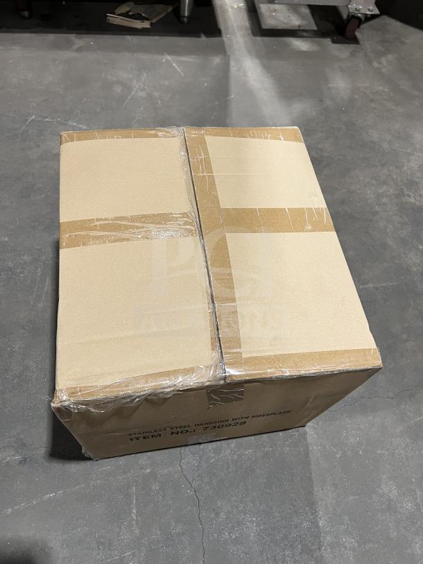 Eagle stainless steel 14" wall-mount hand sink, model BPHS1014LRS, in box. Includes gooseneck faucet, side splash. Brand new.