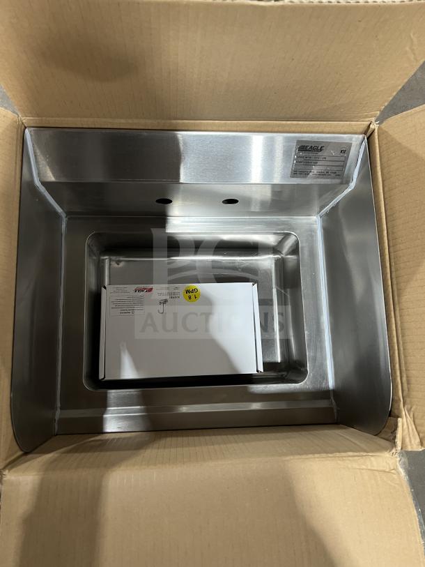 Brand new Eagle stainless steel 14" wall-mount hand sink, model BPHS1014LRS, with gooseneck faucet and side splash, in box.