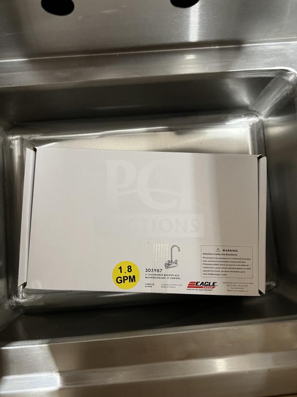 Eagle stainless steel 14" wall-mount hand sink in box, with gooseneck faucet, model BPHS1014LRS. Brand new condition.