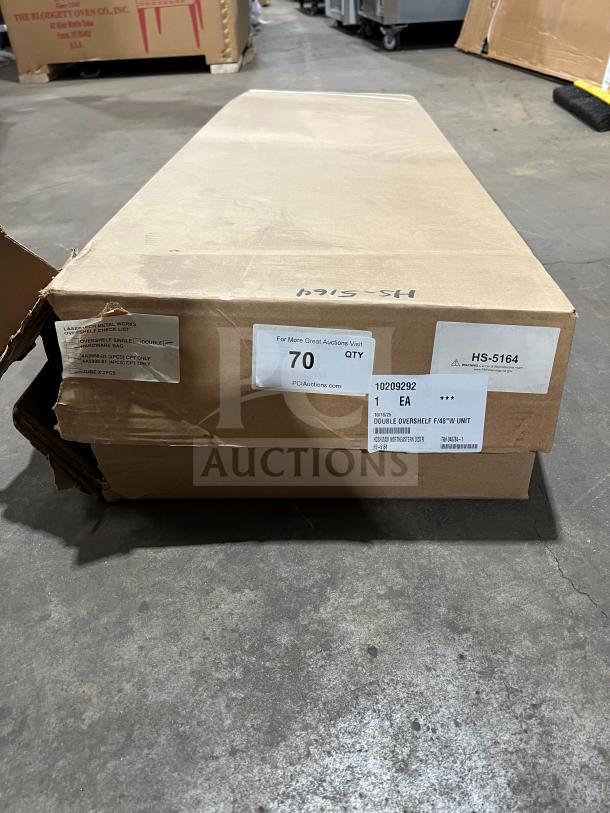 Brand new Hoshizaki HS-5164 stainless steel 48" double overshelf in box, SN: 10209292, for commercial refrigerators.