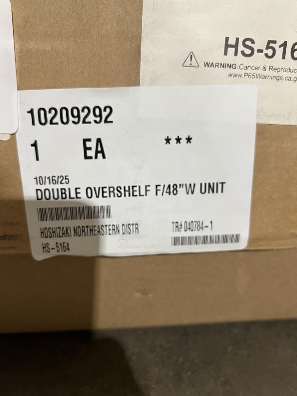 Brand new Hoshizaki HS5164 48" double overshelf in box, for undercounter, worktop, and prep table refrigerators. SN: 10209292.