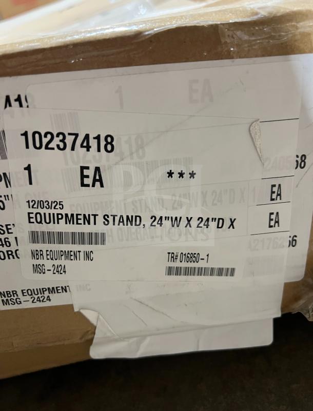 Brand new NBR MSG-2424 equipment stand, stainless steel, 24"x24", with worktop, in box. Serial number 10237418.
