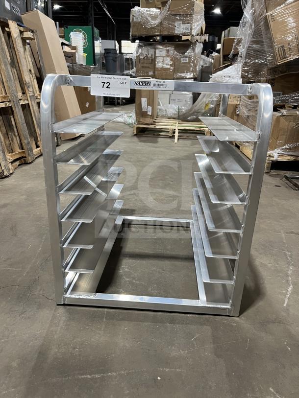 Brand new commercial half-size end load Bunn/pan rack. Aluminum frame, multiple shelves, pristine condition, item label "72".