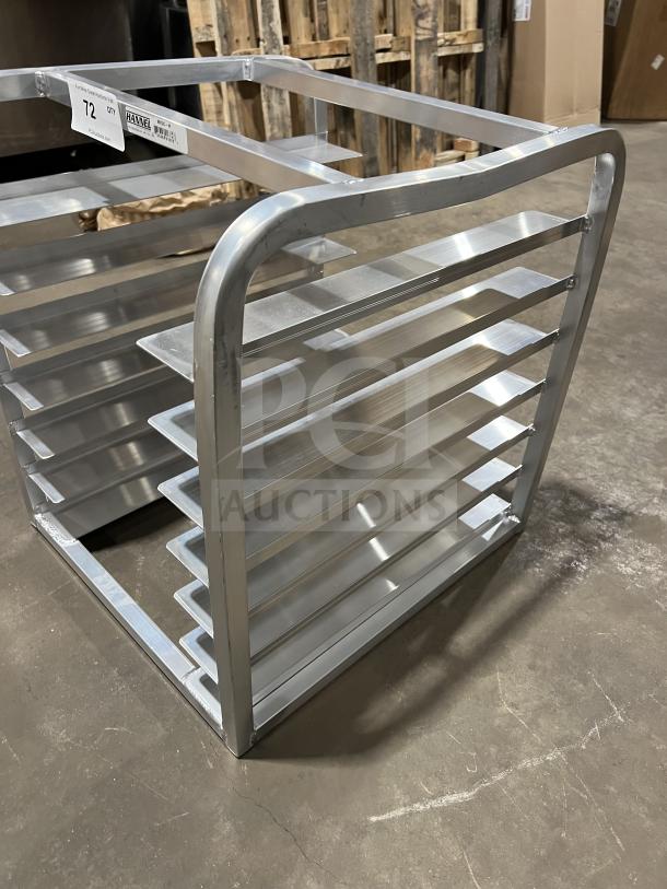 Brand new commercial half-size end load Bunn/Pan rack, metal construction, 10 slots, includes manufacturer label "Hawke."