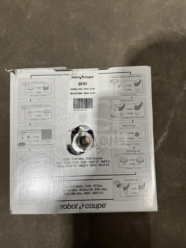 Brand new Robot Coupe 28131 slicing disc in box, 9/16" size. Box shows model info and instructions; item unused.