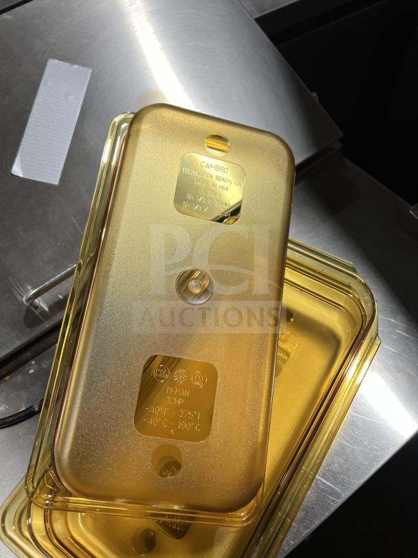 Brand new Cambro 32HP commercial polycarbonate high heat food pan, 1/3 size, durable, heat-resistant, with manufacturer's label.