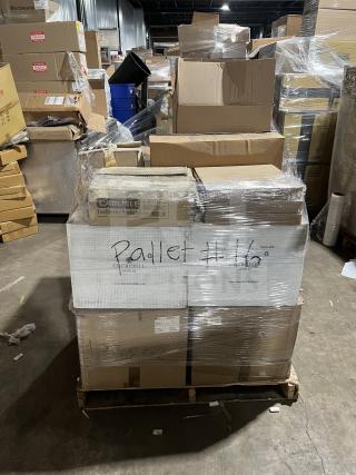 Mixed pallet with Casa Nova commercial serving plates, Evo oil sprayers, Carlisle bin lids, porcelain platters, and more.