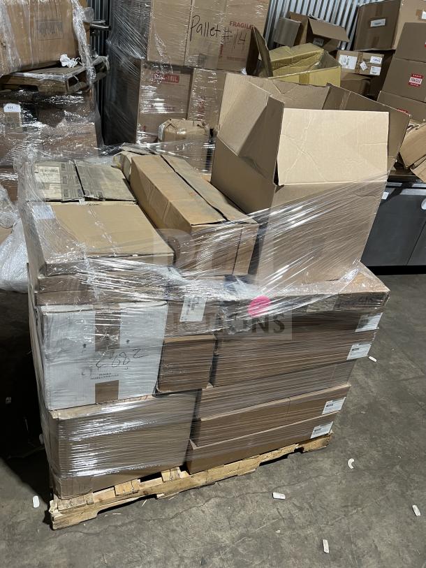 Mixed pallet with Casa Nova serving plates, Madera trays, Evo oil sprayers, soap dispensers, Carlisle bin lids, and more.