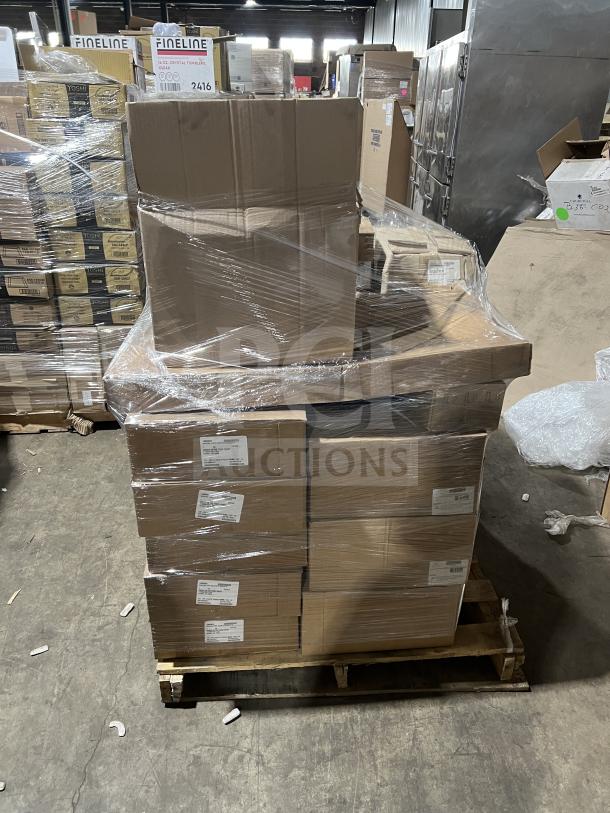 Mixed pallet with Casa Nova plates, Madera trays, Evo oil sprayers, soap dispensers, Carlisle bin lids, and more, brand new.