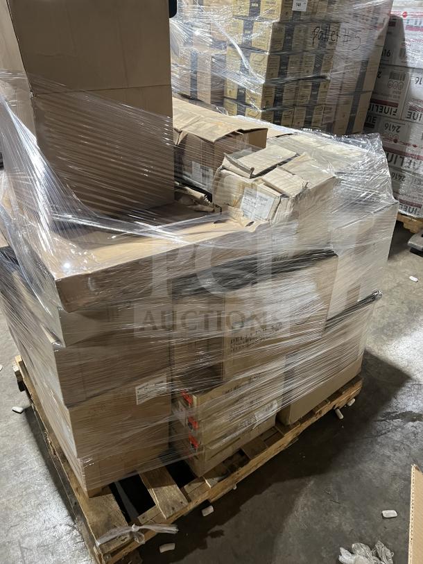 Mixed pallet of commercial kitchenware including Casa Nova plates, Madera trays, Evo oil sprayers, and Carlisle bin lids. Brand new.
