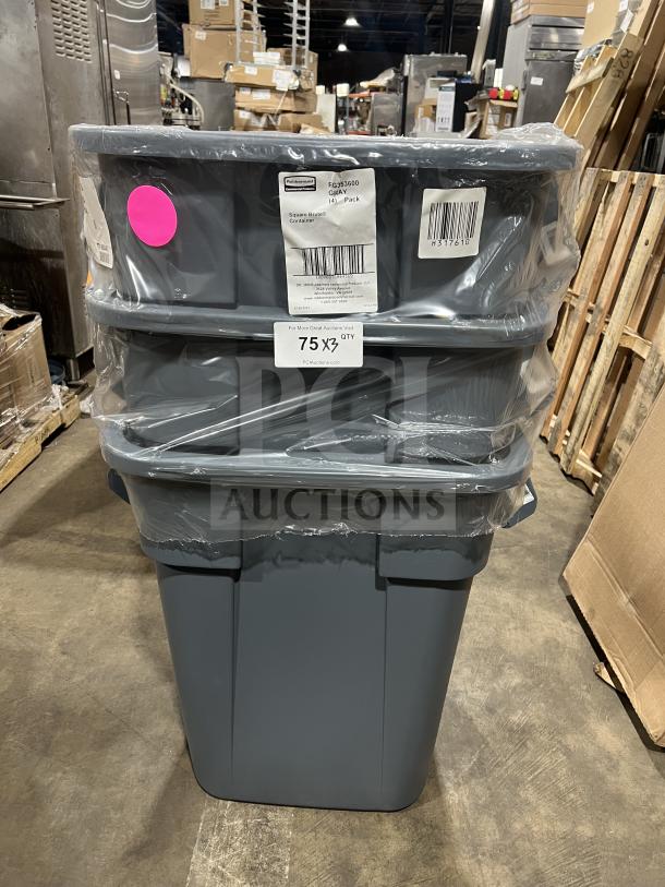 Rubbermaid Commercial Gray Square Brute 40 Gallon Trash Can, Model FG353600. Brand new, wrapped in plastic, in warehouse.