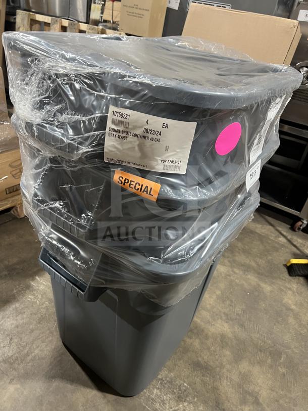 Rubbermaid Commercial Gray Square Brute 40 Gallon Trash Can, Model FG353600, new with packaging and labels.