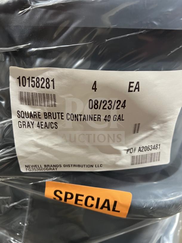 Brand new Rubbermaid Commercial Gray Square Brute 40 Gallon Trash Can, Model FG353600, with labeling showing specifications.