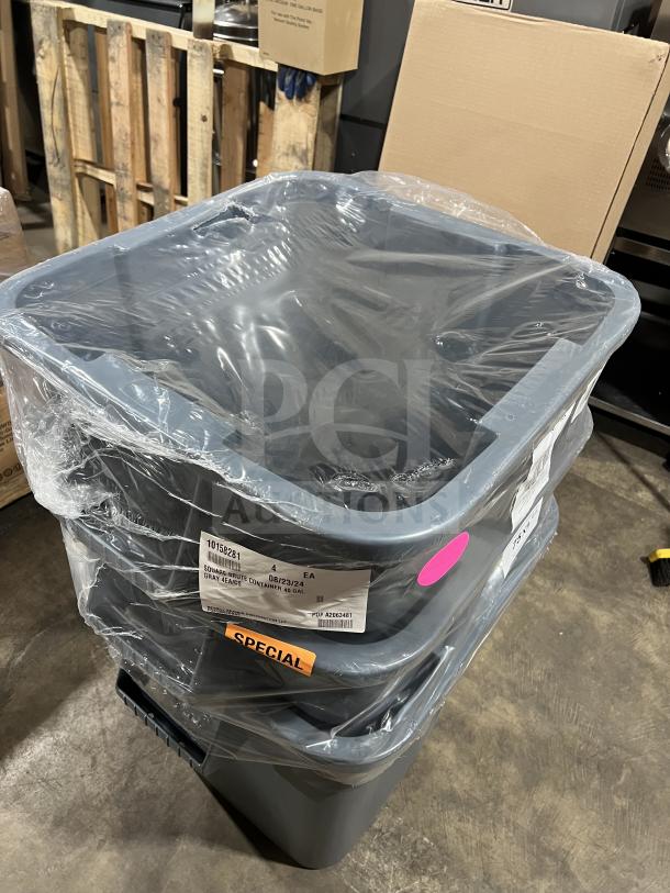 Brand new Rubbermaid Commercial gray square Brute 40-gallon trash can, Model FG353600, wrapped in plastic.