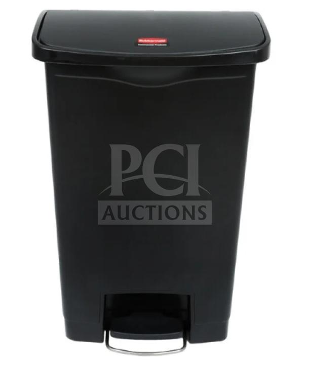 Brand new Rubbermaid Slim Jim Series commercial black step-on trash can, model 1883611, rectangular, front pedal.