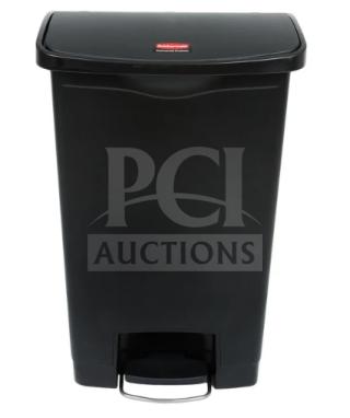 Brand new Rubbermaid Slim Jim Series commercial black step-on trash can, model 1883611, rectangular, front pedal.
