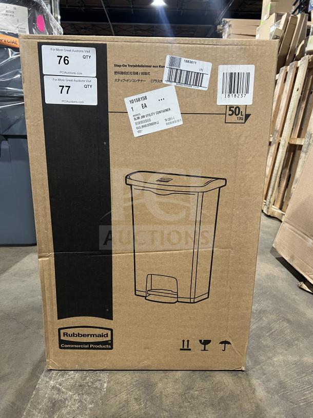 Rubbermaid Slim Jim Series black trash can, model 1883611, in original box. Features a front step-on pedal. Brand new condition.