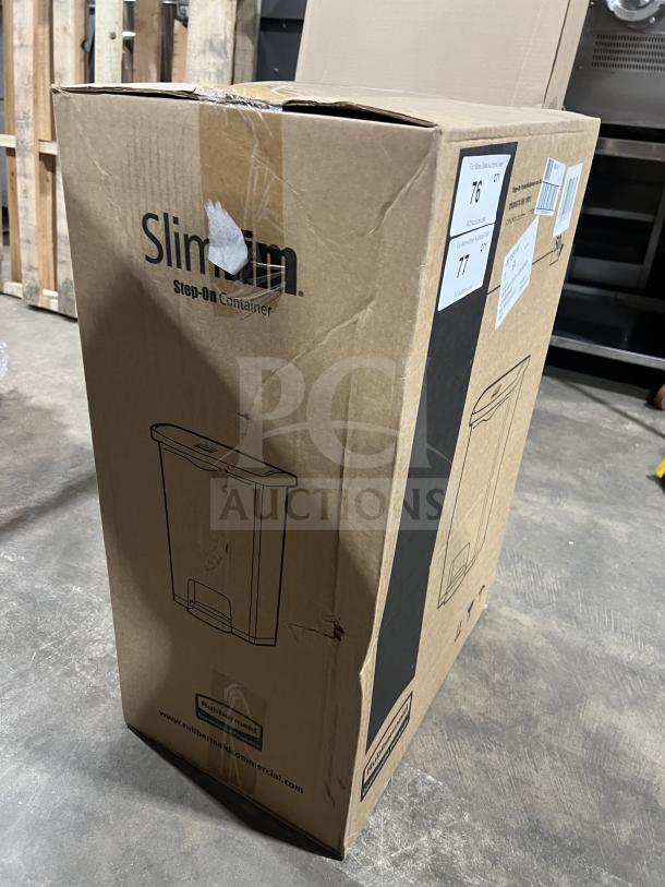 Rubbermaid Slim Jim Series Commercial Black Step-On Trash Can, new in box, Model 1883611. Box shows product image and labels.