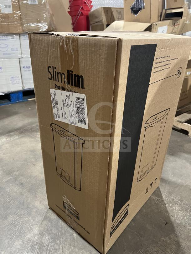 Brand new Rubbermaid Slim Jim Series black step-on trash can, model 1883611, in sealed box with branding and labels visible.
