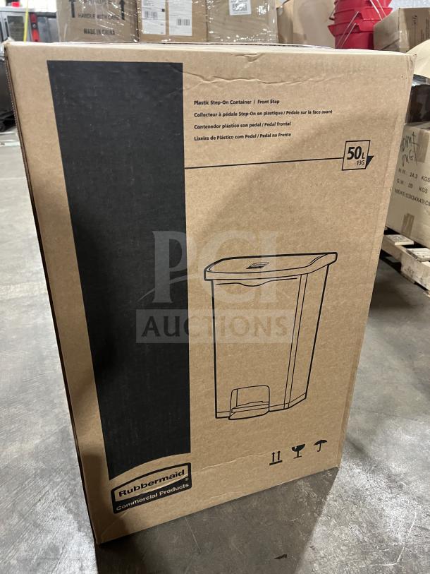 Rubbermaid Slim Jim front step-on trash can in box, model 1883611, 50L capacity, black, new condition.