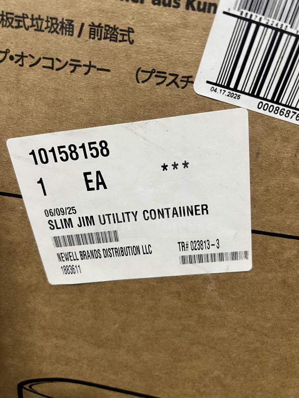 Brand new Rubbermaid Slim Jim Series commercial trash can, model 1883611, in box. Label displays product and shipping details.
