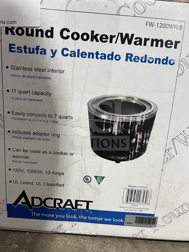 Brand new Adcraft FW-1200WR/B black countertop 11 qt cooker/warmer with thermostatic controls, in box, 120V, SN: 2022900101989.