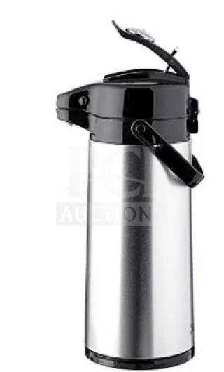 Bloomfield 7760-ALM stainless steel airpot, brand new in box. Features lever lid and handle for easy beverage dispensing.