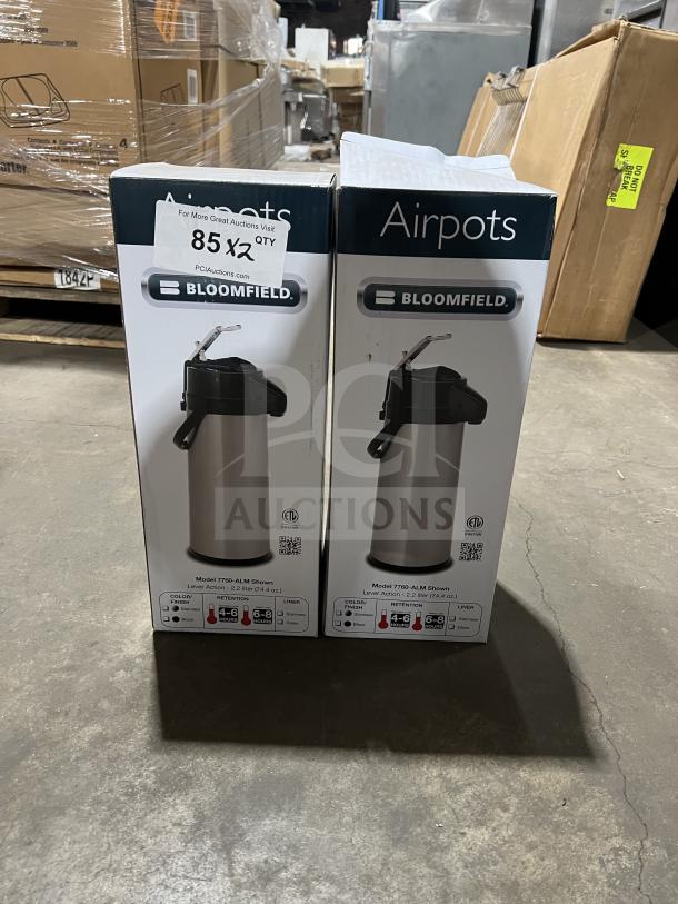 Bloomfield Commercial Stainless Steel Beverage Dispensing Airpot, Model 7760-ALM, new in box, quantity 2, 2.2L capacity.