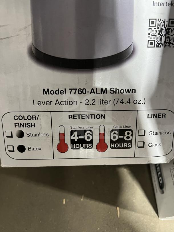 Brand new Bloomfield 7760-ALM Airpot, stainless steel, lever action, 2.2L capacity. Retention: 4-6 hours. In box.